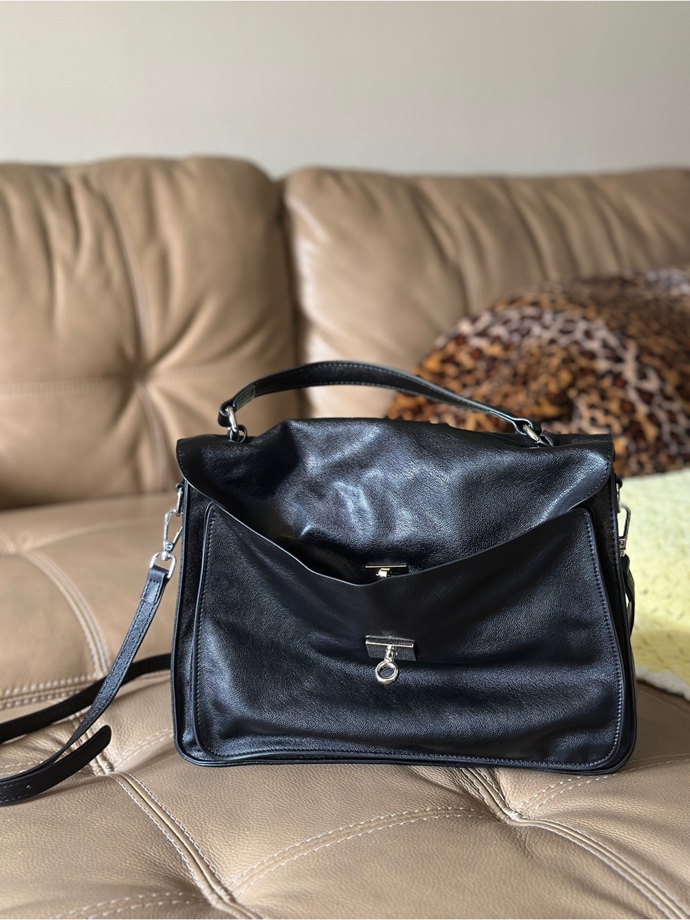 Classic Black Leather Top-Handle Shoulder Bag